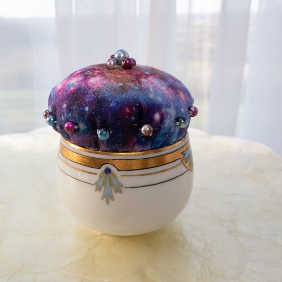 Galaxy Teacup Pincushion Hand Sewn With Craft Pearls Upcycled Austrian Cup NWOT - Picture 10 of 15
